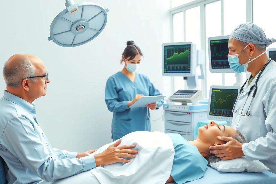 This image depicts a medical setting with medical professionals. In the foreground, there's an individual lying on a hospital bed, possibly receiving care or monitoring. The staff are wearing medical gowns and surgical masks, indicating a sterile environment. On the wall behind them, there's a heart rate monitor displaying what appears to be a regular cardiac rhythm. Overall, the scene conveys an atmosphere of professional healthcare activity.