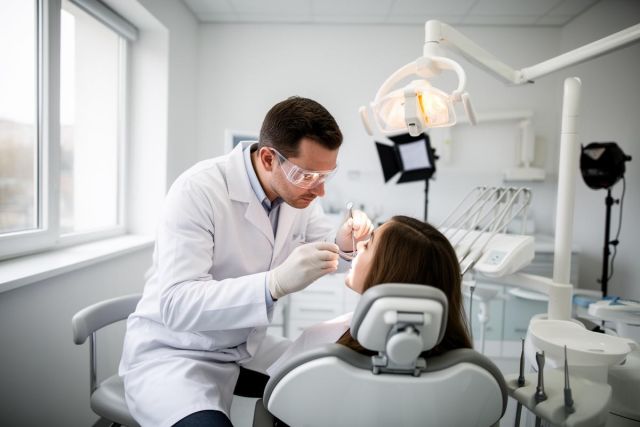 Dentist in protective eyewear examines a patient's teeth with a mirror and probe in a bright clinic.