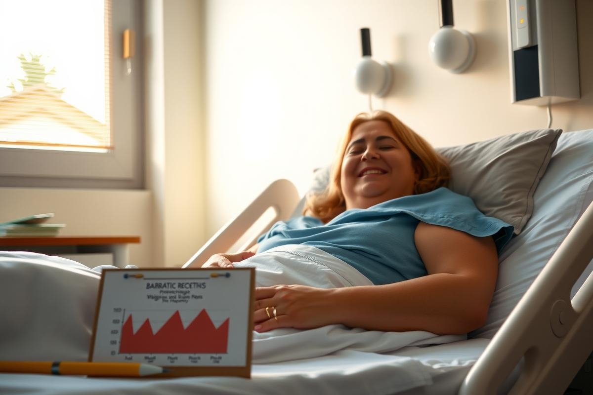 The image features a woman lying on a hospital bed, smiling and looking towards the camera. Her bed is in what appears to be a well-lit room with natural light coming through a window. She has a chart propped up beside her, possibly displaying medical data. The overall scene suggests a positive atmosphere despite being in a healthcare setting.