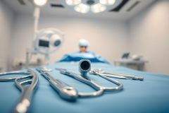 Surgical instruments laid out on a blue operating table in a modern operating room. A surgeon in blue scrubs is blurred in the background under bright surgical lights. Focus on medical equipment, healthcare, and sterile environment. Blue and silver tones dominate the scene.