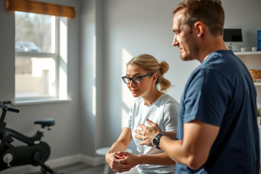 A man speaks with a woman seated on a stool in a home setting. The image shows a casual conversation, with fitness equipment visible in the background, suggesting a wellness or health context.