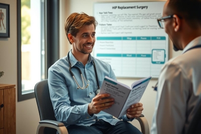 A doctor reading a book in an office, smiling while his patient watches attentively. The setting suggests a professional medical consultation.