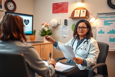 Two women in a doctor's office discussing medical papers; female physician seated at desk with computer monitor, patient sitting across from her.