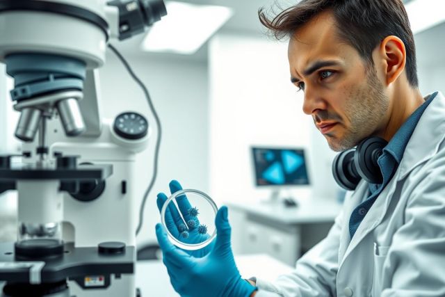 Scientist in a lab coat examining a petri dish with a microscope. Focus on research, biology, and laboratory environment. Blue gloves, white background, scientific equipment.