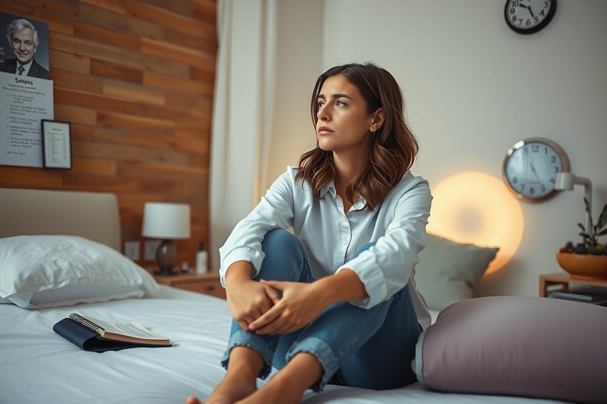 The image features a woman sitting on the edge of a bed in an indoor setting. She is dressed casually with a white shirt, blue jeans, and no shoes. Her posture suggests a moment of contemplation or emotional distress.