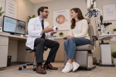Doctor explains eye anatomy to patient in a modern ophthalmology exam room before LASIK.