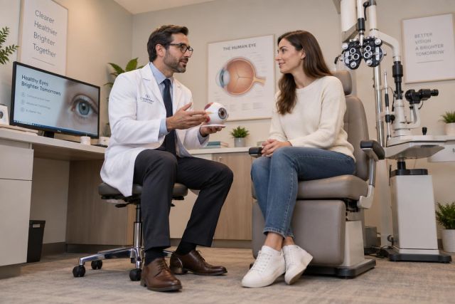 Doctor explains eye anatomy to patient in a modern ophthalmology exam room before LASIK.