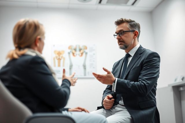 Doctor consultation in a medical office. A man in a suit discusses with a patient, with anatomical posters visible in the background. Professional healthcare setting, focusing on patient care and medical advice. Neutral colors and a clean, clinical environment.