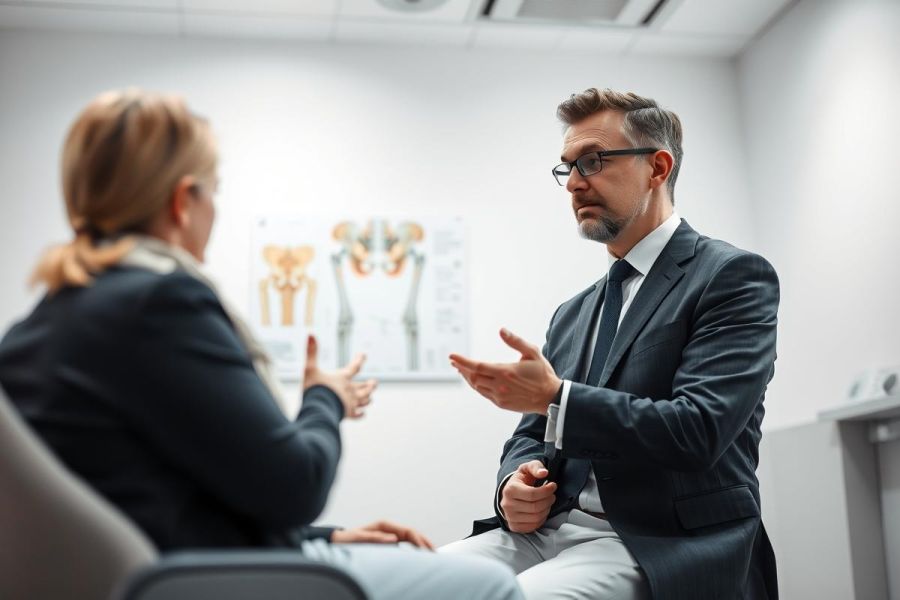 Doctor consultation in a medical office. A man in a suit discusses with a patient, with anatomical posters visible in the background. Professional healthcare setting, focusing on patient care and medical advice. Neutral colors and a clean, clinical environment.