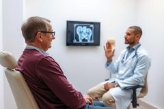 Doctor explaining an X-ray to a patient in a medical office. The scene shows a consultation with healthcare professional discussing diagnostic imaging.