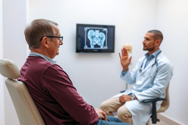 Doctor explaining an X-ray to a patient in a medical office. The scene shows a consultation with healthcare professional discussing diagnostic imaging.
