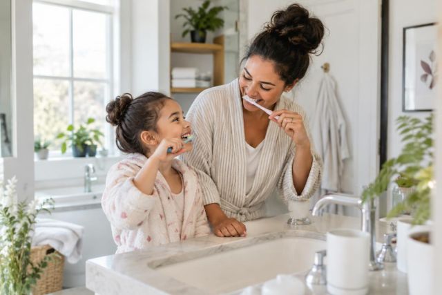 Mother and daughter brushing teeth together at a bright, tidy home bathroom sink.