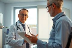 Doctor in white coat discusses with patient in a medical office. Healthcare consultation, diagnostic examination, and medical professional interaction are evident.