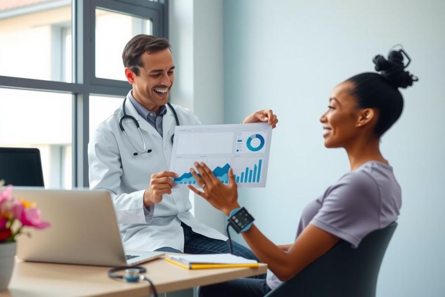 Doctor presents chart to patient during consultation. Healthcare professional and patient in a bright office setting. Focus on data analysis and medical discussion.