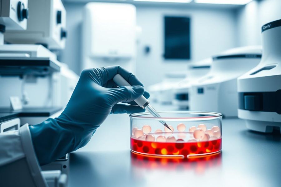 Laboratory setting. Scientist in gloves pipetting a red liquid into a petri dish. Research, biology, science, medical, lab equipment.