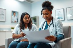 Two healthcare professionals, likely doctors or nurses, review medical documents in a bright, modern clinic setting. They are wearing scrubs and a stethoscope, suggesting a medical consultation or review. The scene features soft lighting and neutral colors like gray and white, conveying a professional atmosphere.