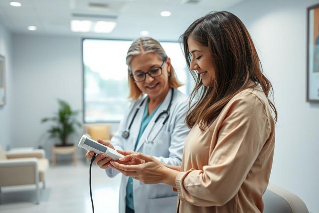 Doctor and patient reviewing medical results in a bright, modern clinic. The scene depicts a healthcare consultation with a focus on diagnostics and patient care. Warm lighting and neutral colors create a welcoming atmosphere.