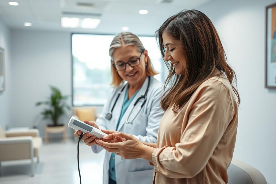 Doctor and patient reviewing medical results in a bright, modern clinic. The scene depicts a healthcare consultation with a focus on diagnostics and patient care. Warm lighting and neutral colors create a welcoming atmosphere.