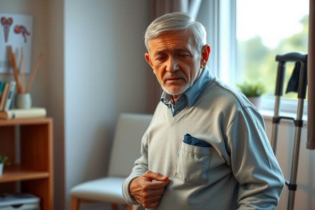 The image shows an elderly man in a cozy interior. He's wearing a sweater over a light-colored shirt, his right hand resting on his stomach.
