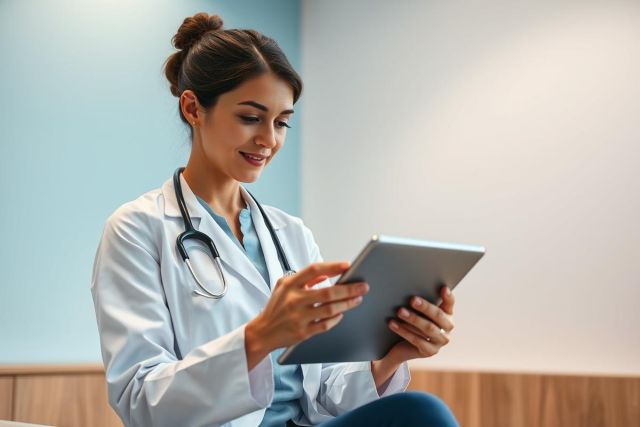 A female doctor in a white coat and stethoscope uses a tablet in a modern, light blue and white medical office. Focus on healthcare technology and professional medical staff.