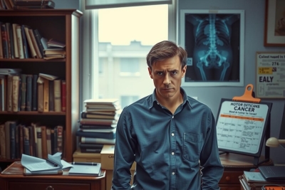 A man stands in an office setting, his expression somber. The room is filled with medical and scientific books, indicative of a workspace for research or study.