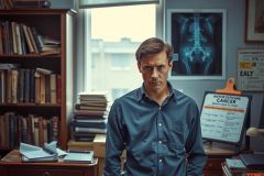 A man stands in an office setting, his expression somber. The room is filled with medical and scientific books, indicative of a workspace for research or study.