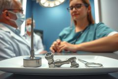 Medical instruments on a tray in a surgical setting. A doctor and nurse are blurred in the background. Focus on surgical tools, stainless steel, and a sterile environment.