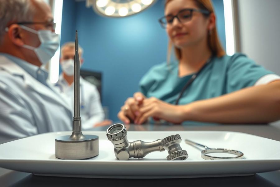 Medical instruments on a tray in a surgical setting. A doctor and nurse are blurred in the background. Focus on surgical tools, stainless steel, and a sterile environment.