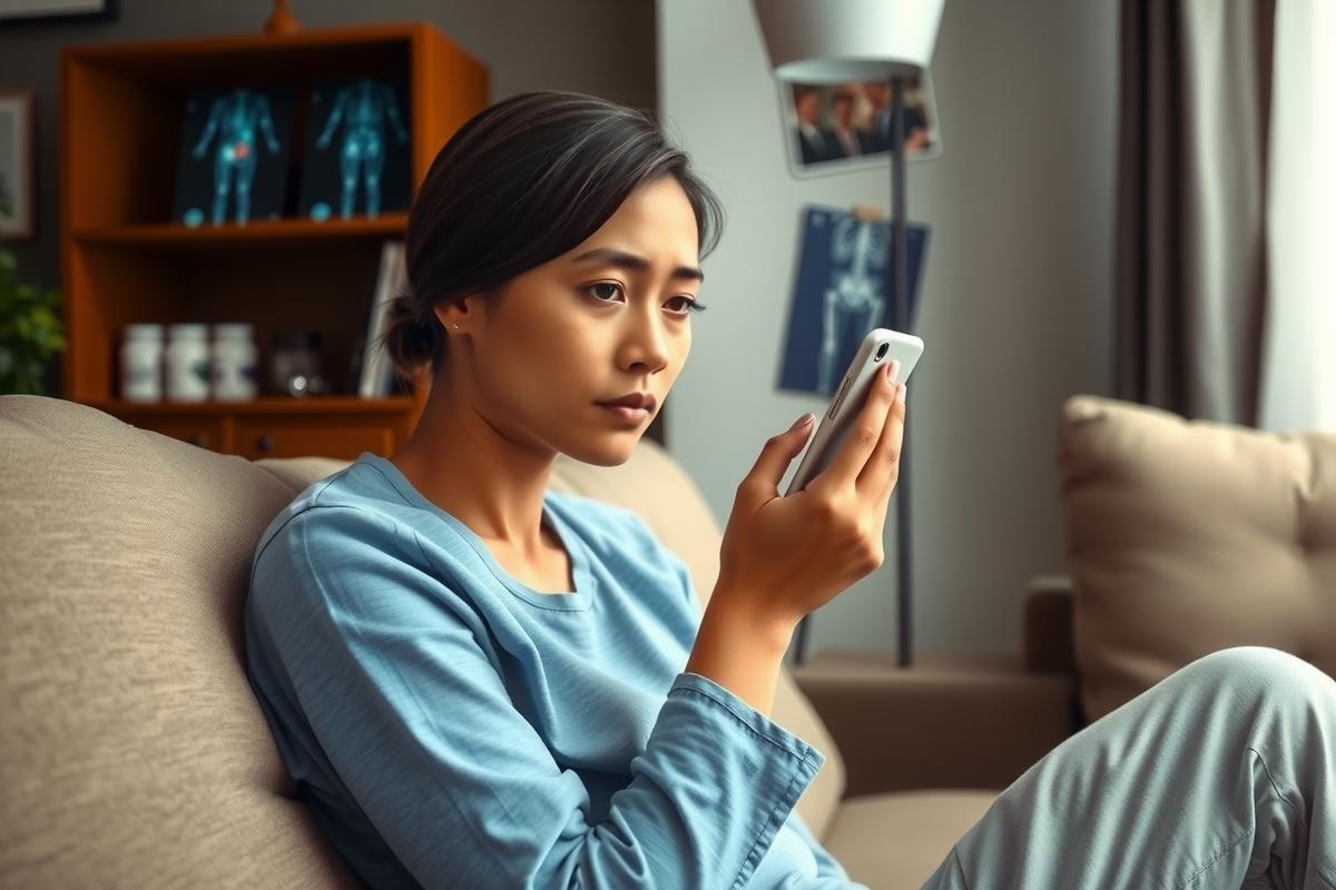 This is a color photograph featuring a young woman sitting on a couch in a home environment. She appears to be looking at her cell phone, which she hold with hand.