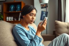 This is a color photograph featuring a young woman sitting on a couch in a home environment. She appears to be looking at her cell phone, which she hold with hand.