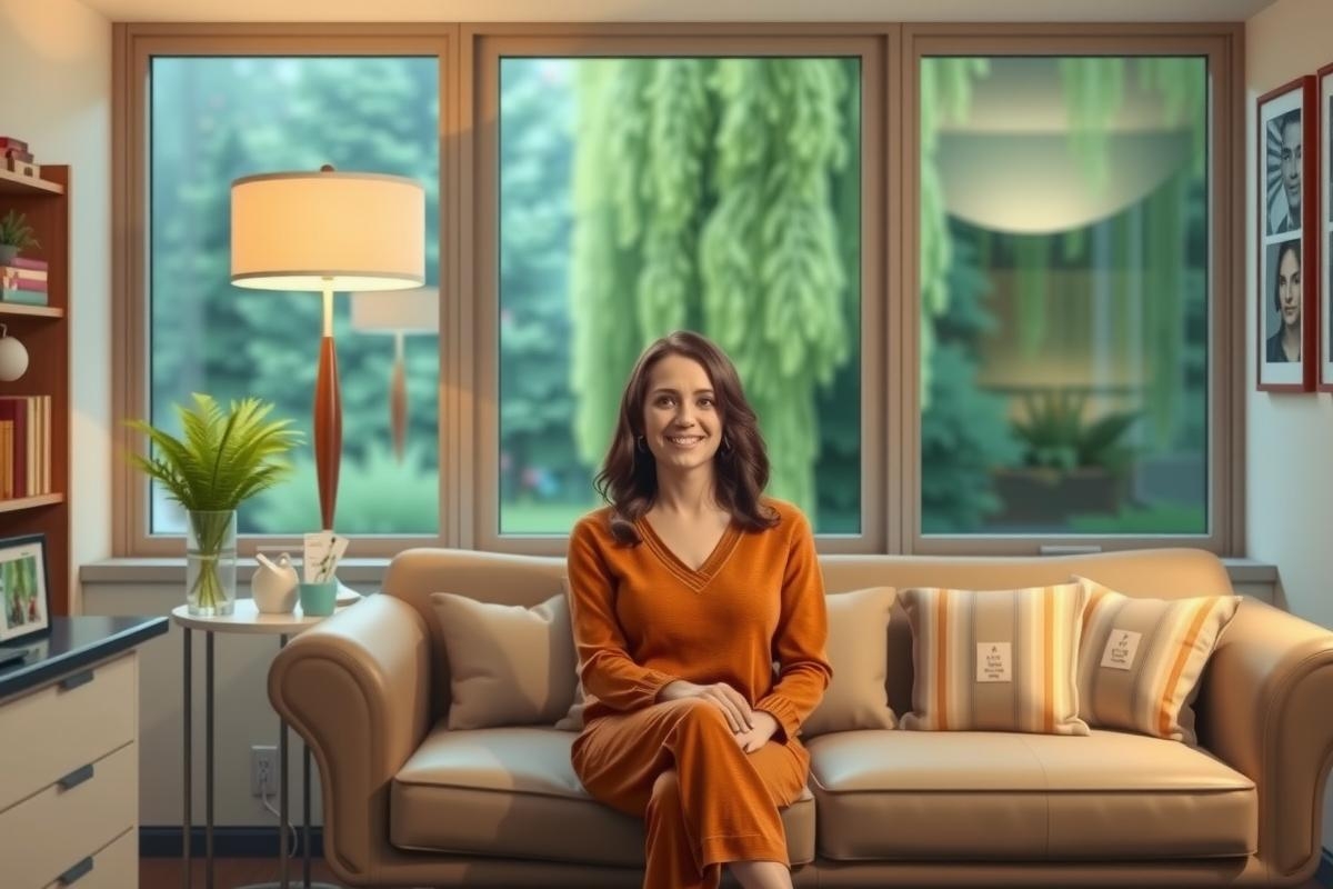 A woman sitting on a couch in a living room setting. The environment is modern with large windows and natural light. She is wearing an orange dress, giving off a cheerful vibe.