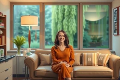 A woman sitting on a couch in a living room setting. The environment is modern with large windows and natural light. She is wearing an orange dress, giving off a cheerful vibe.