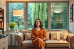 A woman sitting on a couch in a living room setting. The environment is modern with large windows and natural light. She is wearing an orange dress, giving off a cheerful vibe.