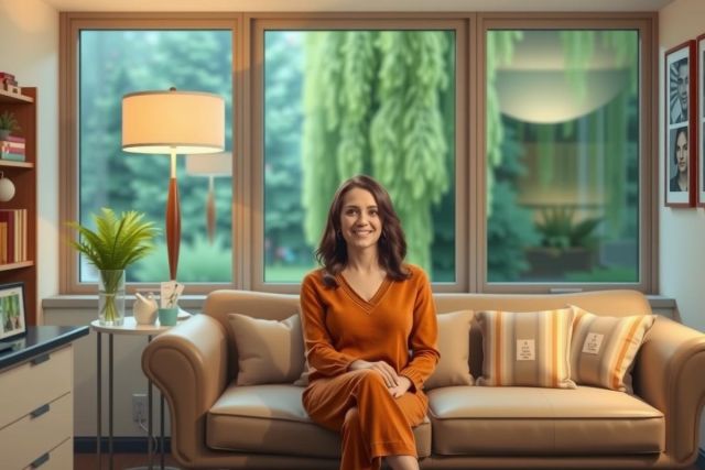 A woman sitting on a couch in a living room setting. The environment is modern with large windows and natural light. She is wearing an orange dress, giving off a cheerful vibe.