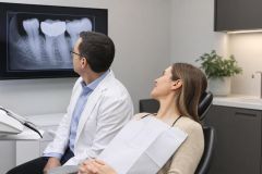 Dentist and patient reviewing dental X-ray of crowned tooth in calm clinical consultation.