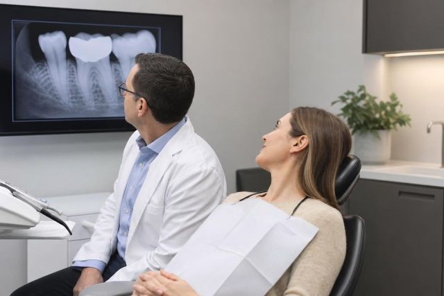 Dentist and patient reviewing dental X-ray of crowned tooth in calm clinical consultation.