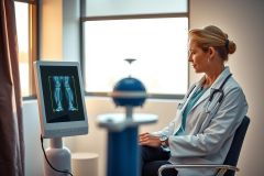 Doctor examines X-ray images on a monitor in a medical office. Focus is on diagnostics and healthcare technology. Bright, clinical setting.