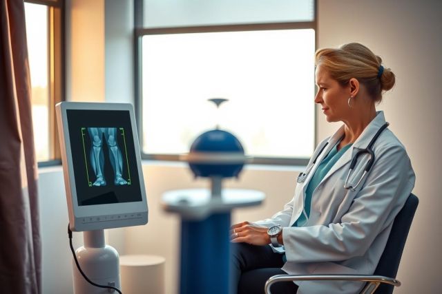 Doctor examines X-ray images on a monitor in a medical office. Focus is on diagnostics and healthcare technology. Bright, clinical setting.