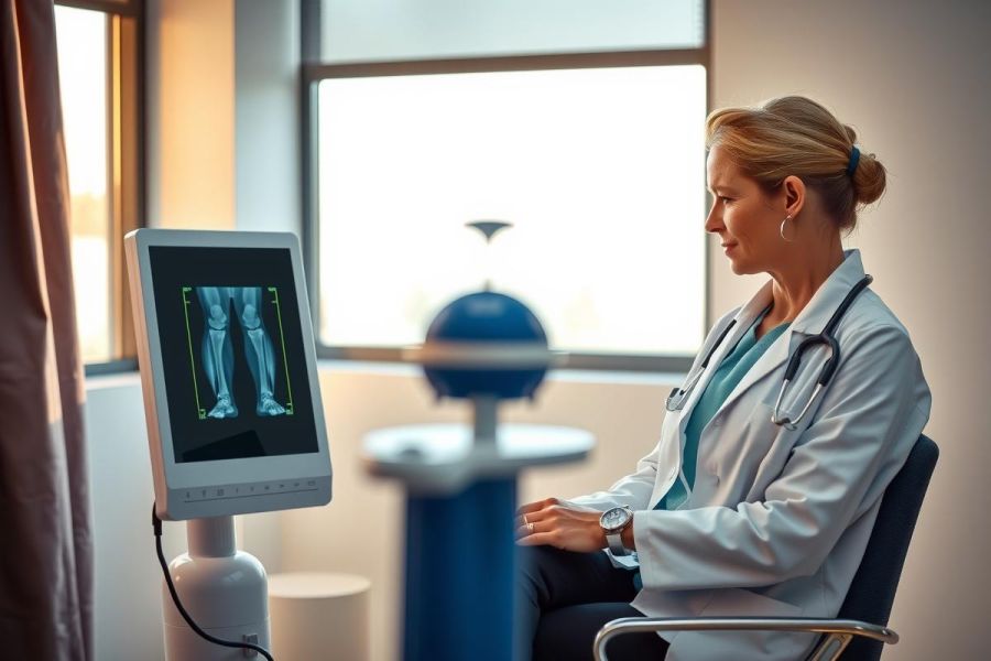 Doctor examines X-ray images on a monitor in a medical office. Focus is on diagnostics and healthcare technology. Bright, clinical setting.