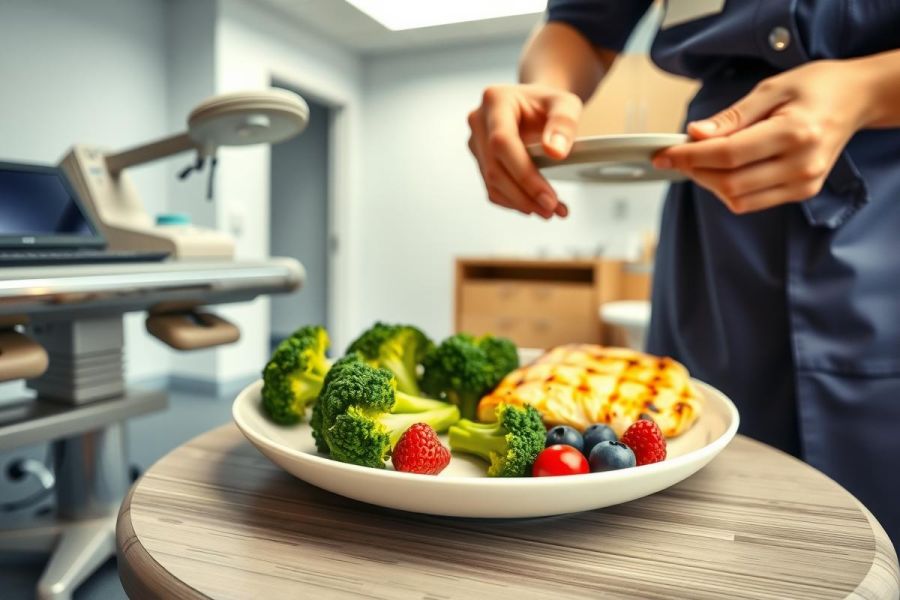 Healthy meal prep: grilled chicken with broccoli and berries on a white plate. A chef is preparing a balanced diet with fresh ingredients. Food photography, healthy eating, cooking.