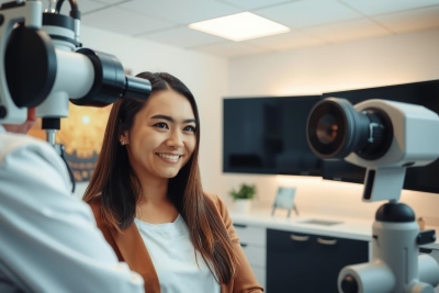 In this image, a woman is sitting in an office setting for what appears to be a medical examination. She has a bright smile on her face, suggesting that she is at ease during the process. The clinical environment includes examination chairs, office furniture, and medical equipment such as an optical biometer which might be used to measure the refractive error of her eyes.