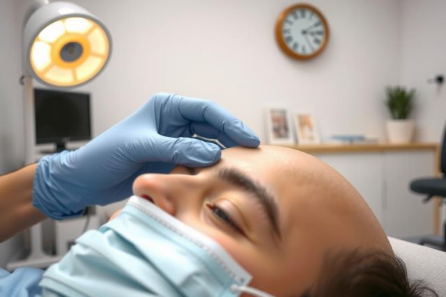 Close-up of a medical procedure. A person lies on a treatment table while a healthcare professional wearing gloves and a mask examines their face. The scene takes place in a clinical setting with medical equipment visible.
