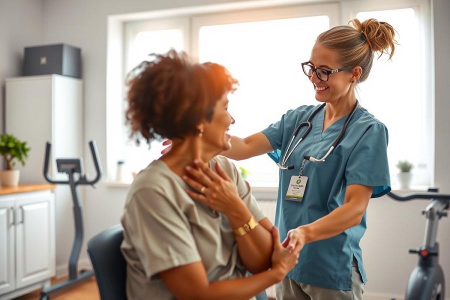 Doctor examines a patient during a checkup. The healthcare professional is wearing a blue shirt and stethoscope, while the patient sits comfortably. The scene takes place in a modern medical office with natural light.