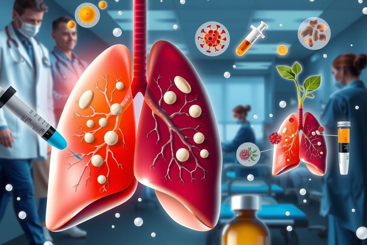 A 3D illustration of a healthy human lung with red and white blood cells circulating. Surrounding medical professionals in a hospital setting, highlighting the importance of lung function and care.