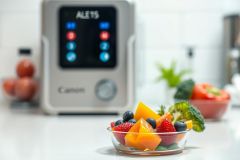 Healthy eating concept: A bowl of fresh fruit (mango, blueberries, strawberries) and broccoli sits on a kitchen counter near a modern, silver food processor. The blurred background features more produce, emphasizing a focus on nutrition and wellness. Bright colors and clean lines create a vibrant, healthy aesthetic.