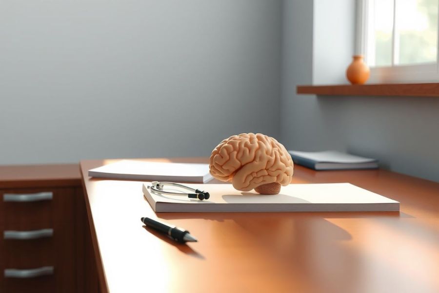 Human brain model on a desk with notebooks and a pen. Study or medical concept. Educational illustration, close-up shot. Brain anatomy, learning.