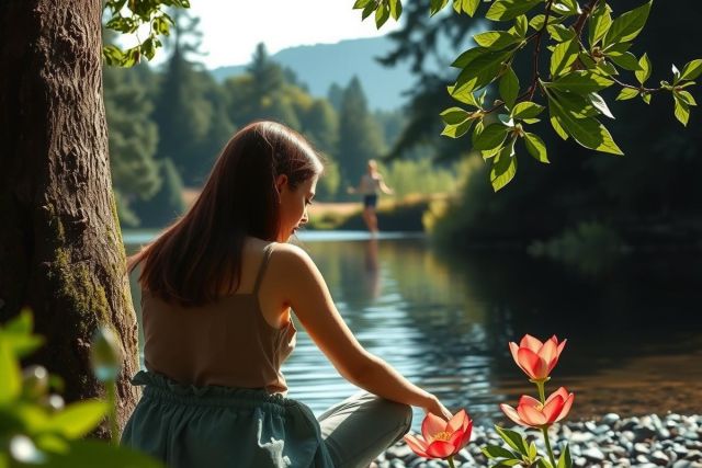 A woman sitting by a body of water, possibly a lake or river, enjoying the tranquil scene. She is wearing a light-colored top and jeans. The environment includes lush greenery and trees, suggesting a natural outdoor setting during daytime.