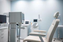 Modern medical examination room with diagnostic equipment and patient chair. Soft blue walls create a clean, clinical environment. Focus on medical technology and healthcare setting.