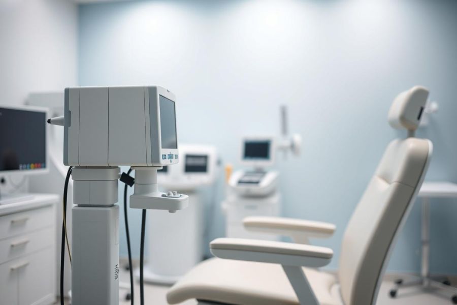 Modern medical examination room with diagnostic equipment and patient chair. Soft blue walls create a clean, clinical environment. Focus on medical technology and healthcare setting.