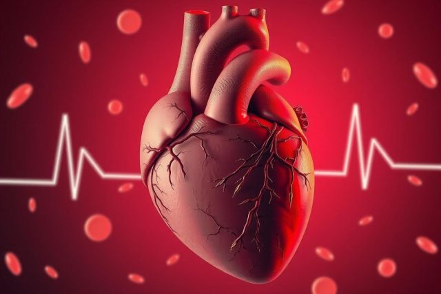 The image shows a detailed 3D rendering of a human heart with visible red blood cells.